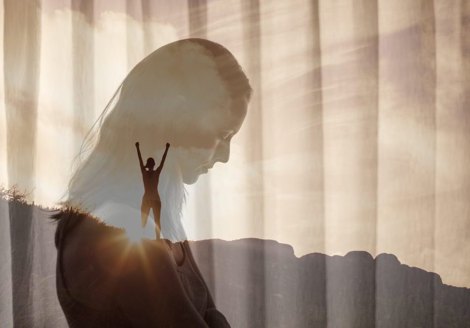 Woman facing her fears feeling inspired, and finding inner strength concept. double exposure.