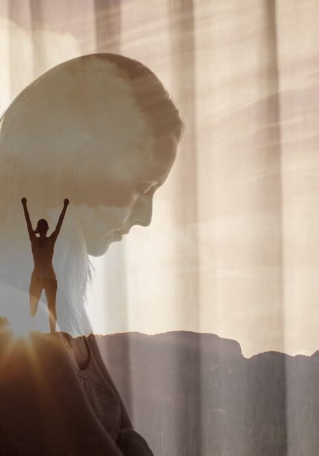 Woman facing her fears feeling inspired, and finding inner strength concept. double exposure.